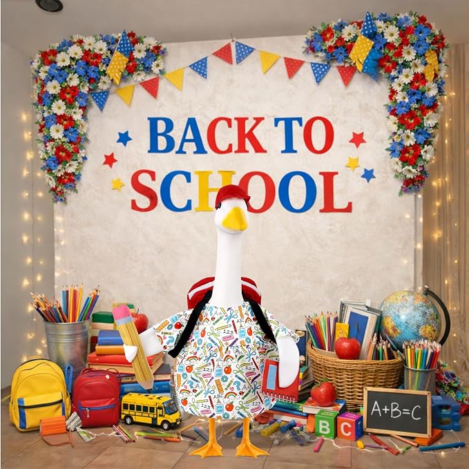 Back to School Porch Goose Outfits Goose Costume for School Outdoor Decor | Fits 23'' Plastic/Cement Statues, with School Bag, Pencil, and Notebook, for Classroom Garden Yard Patio Decoration