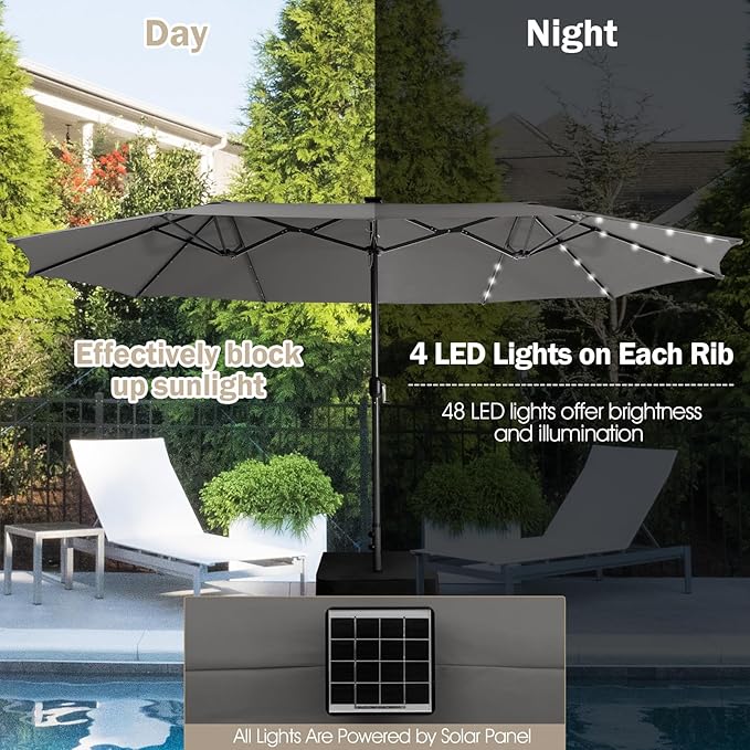 Giantex Large Outdoor Umbrella Double-Sided, 48 Solar Lights, Auto-Charging Solar Panel, Extra Large Patio Umbrella with Base and Crank, Outdoor Market Umbrellas for Poolside Garden