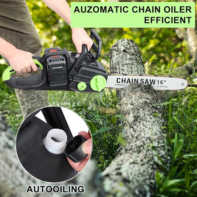 16 Inch Cordless Chainsaw - Brushless Electric Chainsaw Kit with 2 Battery & Charger, Hand Held Battery Powered Chain Saw for Wood Cutting, Logging, Tree Trimming, Green & Black, CB9E4550513