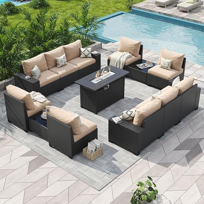 Aoxun Patio Furniture Sets with 44'' Fire Pit, 13 Pcs Outdoor Patio Coversation Set with 4in Thicken Cushion, Widen Armrests Wicker Outdoor Sectional for Backyard (Waterproof Cover Include)