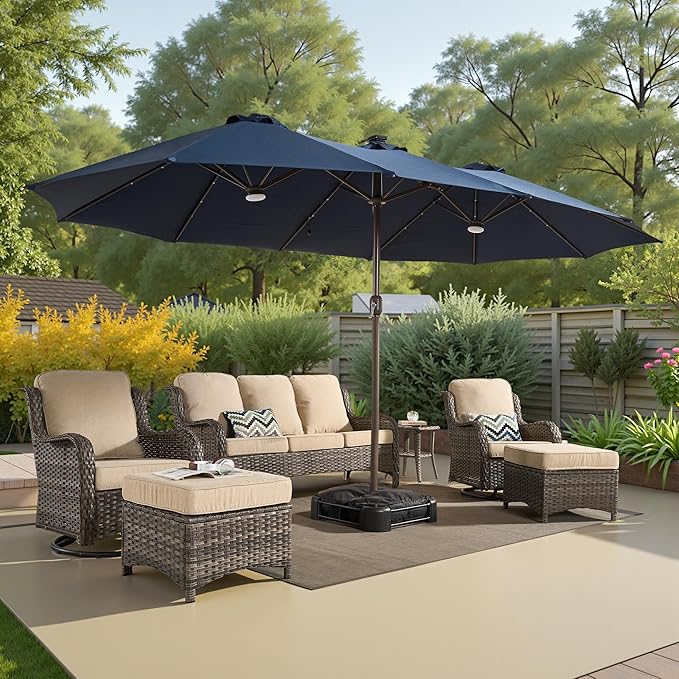 15ft Large Patio Umbrellas with Base & Solar Lights,Outdoor Rectangle Double-Sided Market Umbrella with Stand & 38 LED Lights,Outside Umbrellas for Poolside Deck Backyard (Blue)