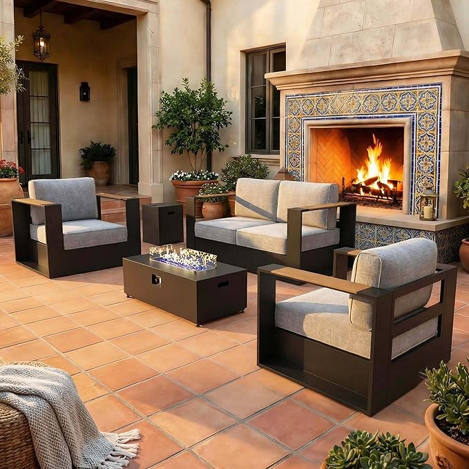 LayinSun 4 Pieces Aluminum Patio Furniture Set with Fire Pit Table, Oversized Outdoor Conversation Set 4 Seats with 6" Thick Cushions for Outside Porch, Balcony, Deck