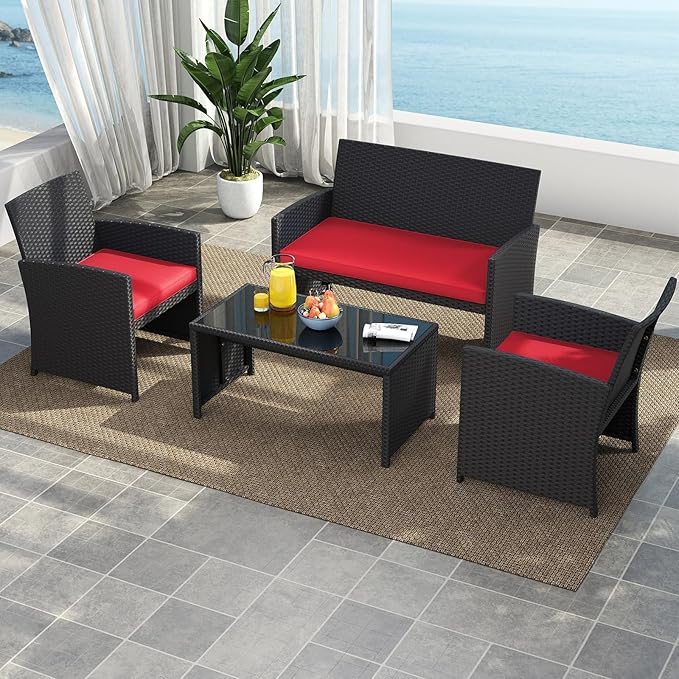 Tangkula 4 Pices Patio Wicker Furniture Set, Outdoor Heavy Duty Rattan Cushioned Chairs, Loveseat and Tempered Glass Coffee Table, for Backyard, Balcony, Poolside