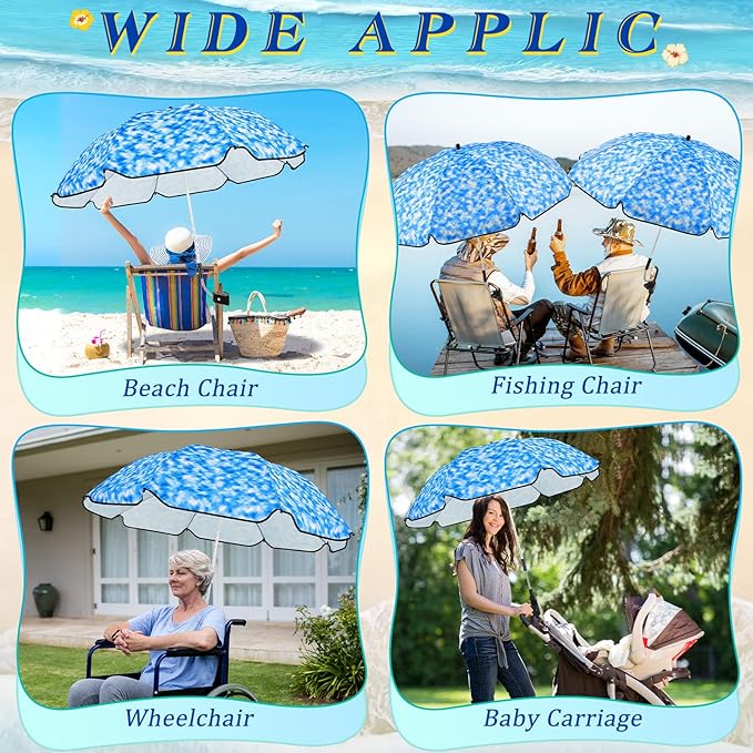 Buryeah 2 Pcs Beach Chair Umbrella Automatic with Universal Adjustable Clamp 44" UPF 50+ Portable Clamp on Beach Chair for Wheelchair Patio Golf Carts Camping