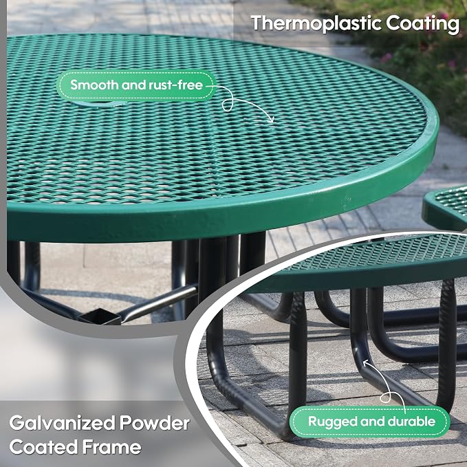 46 Inch Round Outdoor Metal Picnic Table, All-Weather Patio Dining Set for 6-8 Adults, Heavy Duty Steel with Central Umbrella Hole, Perfect for Garden, Backyard, Deck & Small Spaces - Easy Assembly
