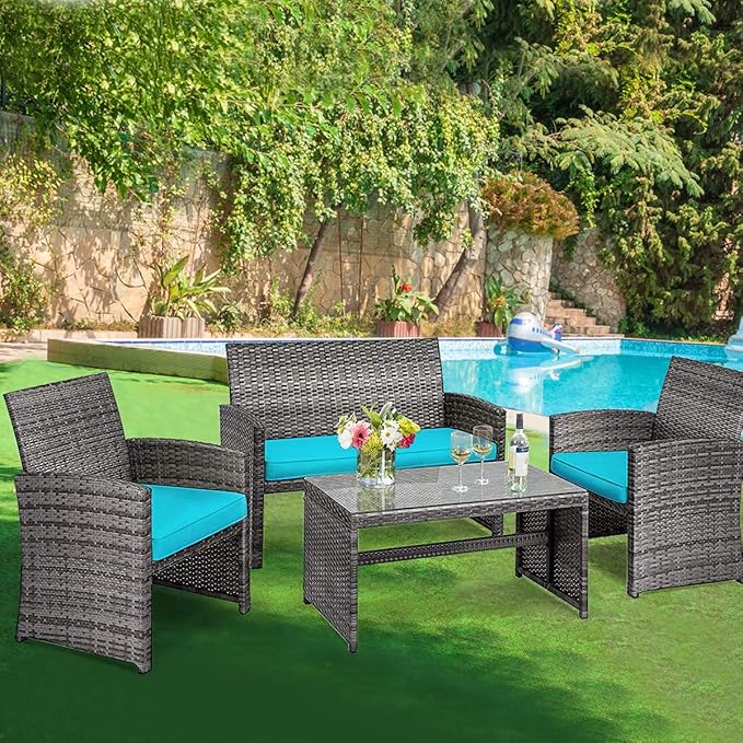 DORTALA 4 Piece Patio Furniture Set, Outdoor Wicker Conversation Set with Soft Cushions & Tempered Glass Coffee Table, Rattan Patio Sofa Bistro Sets for Courtyard Balcony, Turquoise