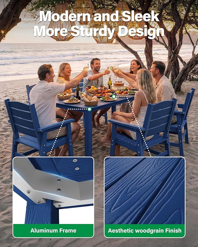 YEFU HIPS Patio Dining Sets: 7-Piece All-Weather Outdoor Table and Chairs with Umbrella Hole - Low-Maintenance Patio Dining Set for 6 Modern Furniture with Aluminum Frame for Family with Deck Blue