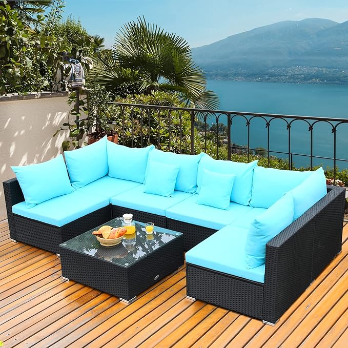 Tangkula 7 Piece Patio Furniture Set - Outdoor Sectional Sofa with Pillows and Cushions, Wicker Sofa Conversation Set with Coffee Table