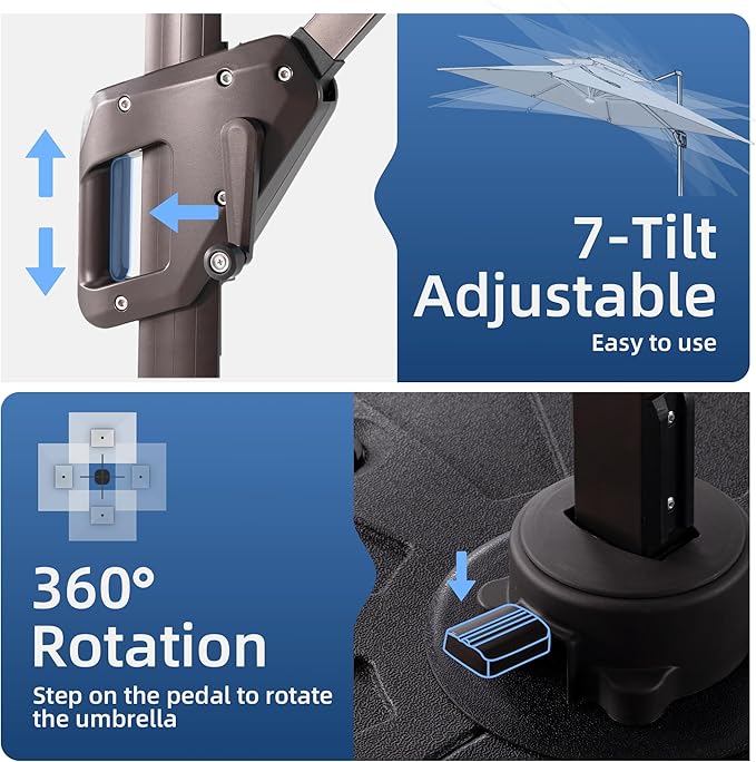 10x13 FT Patio Umbrella with Weighted Base and LED Lights Cantilever Outdoor Large Heavy Duty Rectangle Aluminum Offset Umbrellas Double Top 360 Rotation for Pool Deck Garden, Beige