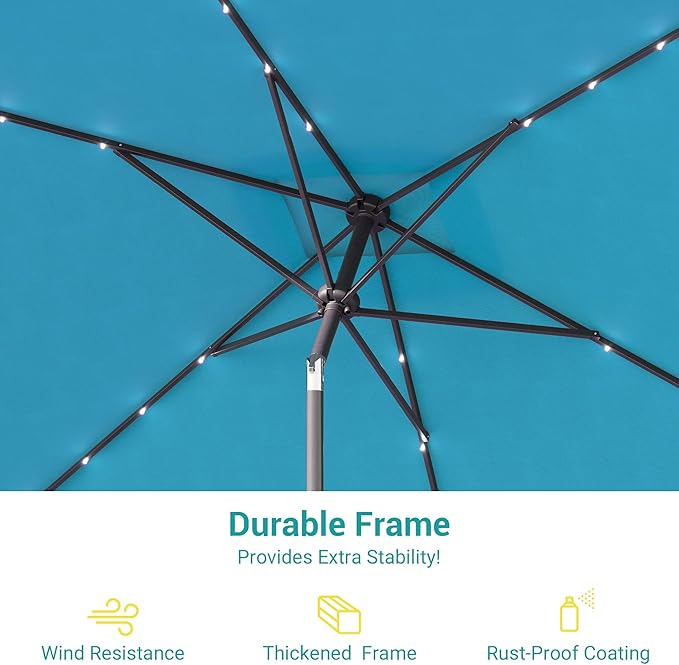 Rectangle Patio Umbrella with Solar Lights, 10 x 6.5ft Rectangular Outdoor Umbrella Table Market Patio Umbrella with Push Button Tilt and Crank for Garden, Deck, Backyard, Pool