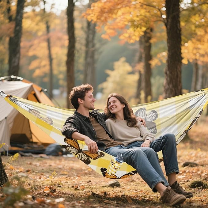 Yellow White Check Plaid Butterfly 330lb Capacity Camping Hammocks with Hanging Rope Indoor Hammock for Indoor Outdoor Patio Base de hamaca para adultos