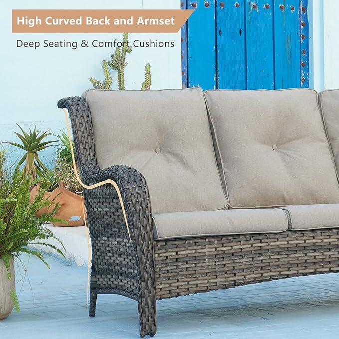 HUMMUH 4 Pieces Outdoor Furniture Patio Furniture Set Wicker Outdoor Sectional Sofa with Swivel Rocking Chairs,Outdoor Coffee Table,Grey/Grey