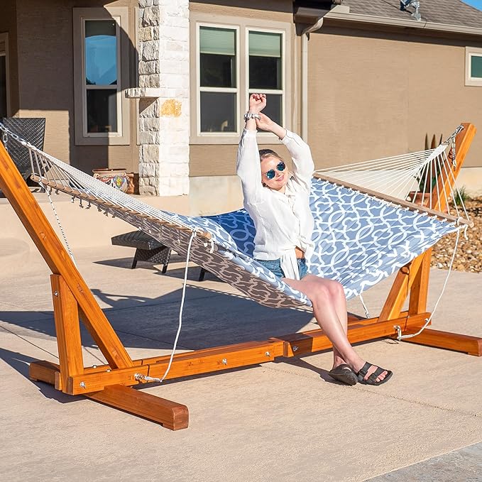 SUNCREAT Freestanding Hammocks with Stands Included, Double Quilted Hammock with Frame, 475 lbs Capacity, Gray Pattern