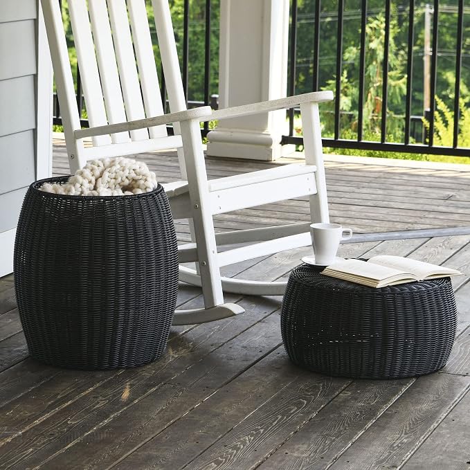 Household Essentials Round Handwoven Resin Barrel Side Table, Black Finish