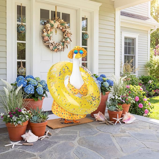 Abbylike Summer Porch Goose Outfits Yellow Bikini Hawaiian Goose Costume Clothes with Swimsuit, Swim Ring, Sun Hat, Sunglasses Fits Large 23'' Cement for Garden Yard Statue Lawn Art Decoration