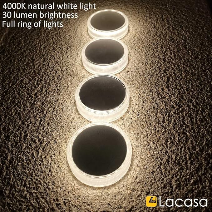 Lacasa Solar Deck Lights Outdoor Waterproof LED Solar Step Lights Driveway Lights, White 4000K, for Garden Yard Patio Pathway, Round, 4 Pack