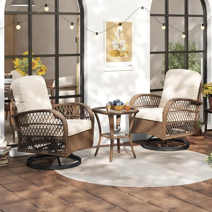 HAPPYGRILL 3 Pieces Patio Furniture Set Outdoor Rattan Swivel Rocker Chairs with Side Table, Outside Sectional Conversation Set with Swivel Rocking Chairs for Deck Porch Garden (White)
