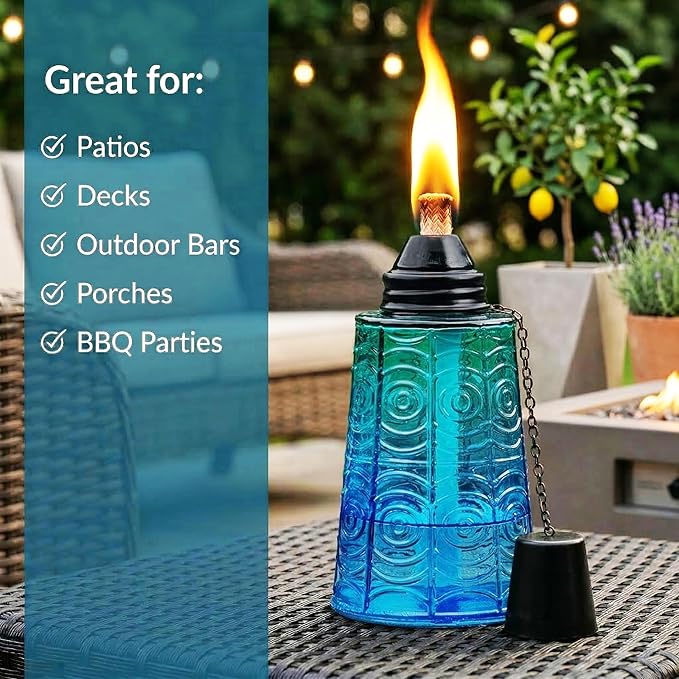 Seraphic Citronella Table Top Torches for Outdoor Patio, 16oz Decorative Glass Torch Citronella Candles for Outside Deck, Garden, Parties, Set of 3, Tropical Blue