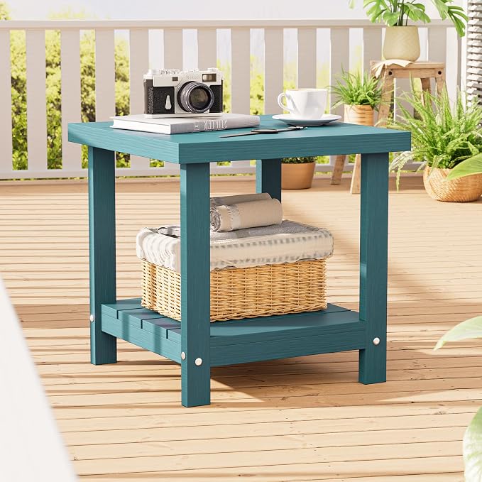 2-Tier HDPE Outdoor Square Side Table, Heavy-Duty Patio Side Table with Storage Shelf, Weather-Resistant Adirondack End Tables for Backyard, Pool, Porch, Garden, Lawn, Lake Blue