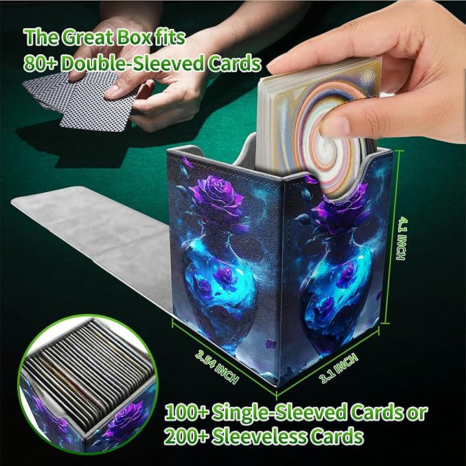 Deck Box for MTG, Cards Storage Box Fits 120+ Sleeved, Leather Medium Size Strong Magnetic Closing Card Case for Board Games Magic TCG CCG Baseball Collection, Purple Rose Vase