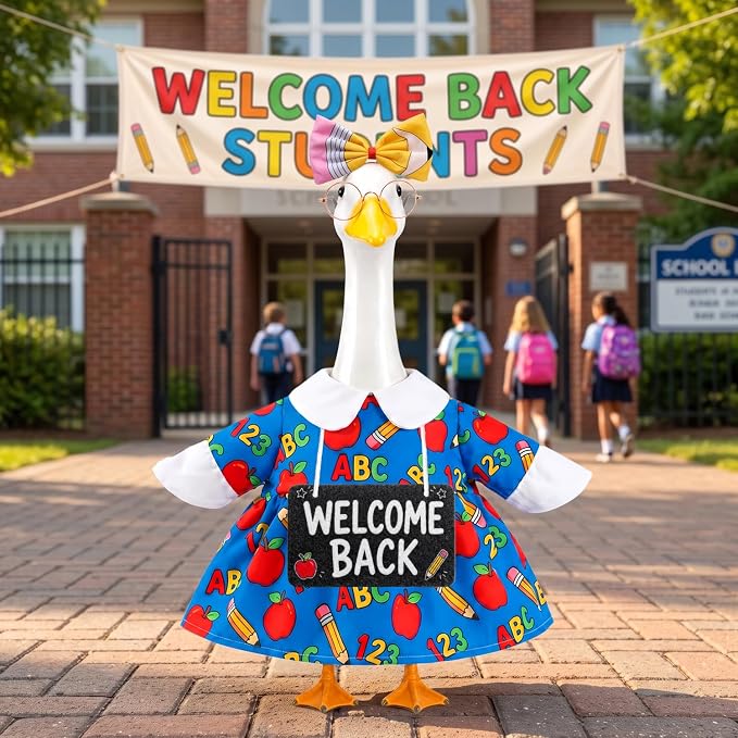 Porch Goose Back to School Outfit for 23 Inch Goose Statue, Teacher Style Classroom Goose Clothes with Pencil Bow, Round Glasses and Welcome Back Sign, Classroom Door Decor for Teachers