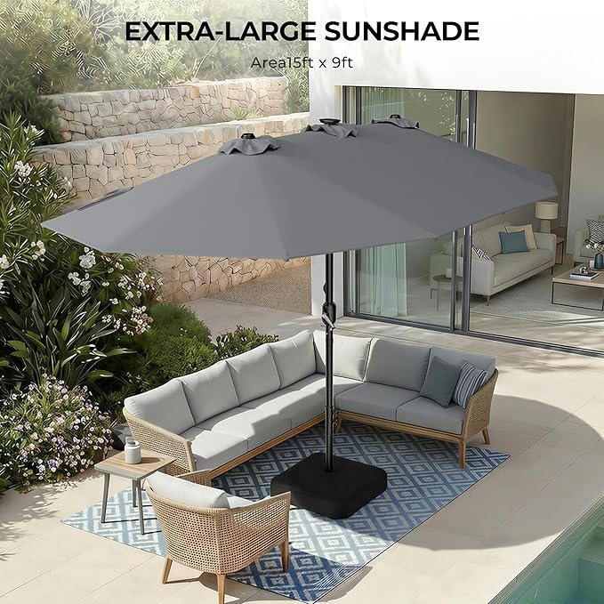 HOMSHADE Double Sided Patio Umbrellas with Base - 15ft RGB Multi-Color Flowing LED Lights Outdoor Extra Large Market Table Umbrella w/Stand, Oversized Umbrella for Deck, Pool, Backyard, Grey