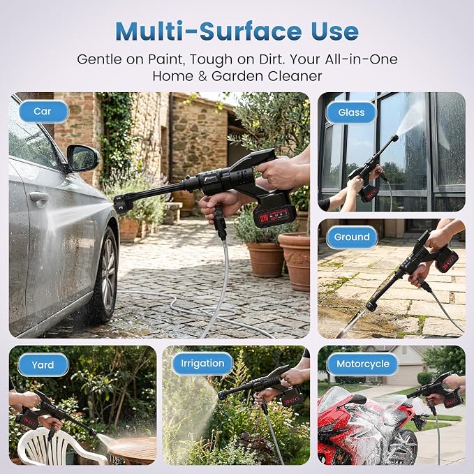 Cordless Portable Washer, 900PSI Portable 4000mAh Cleaner with 6-in-1 Nozzle & 2 Batteries and Shut-Off Valve Garden Hose Adapter for Watering, Cleaning, Car, Floor Wall Fence Cleaning