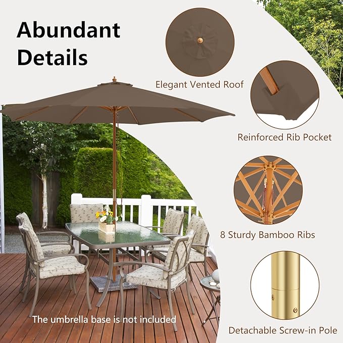 HAPPYGRILL 10 FT Wooden Patio Umbrella with Rope Pulley Lift, 8 Bamboo Ribs, 3 Adjustable Heights, Vented Roof, Outdoor Table Umbrella for Garden Poolside Backyard (Tan)