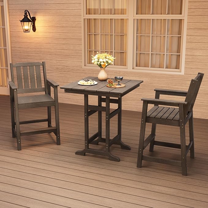 Takywep Set of 2 HDPE Wood Grain Outdoor Bar Stools, 27.7" High Counter Height Chairs with Armrests and Back, Weatherproof Pub Seating for Patio, Balcony, Garden, Deck, Backyard, Dark Grey