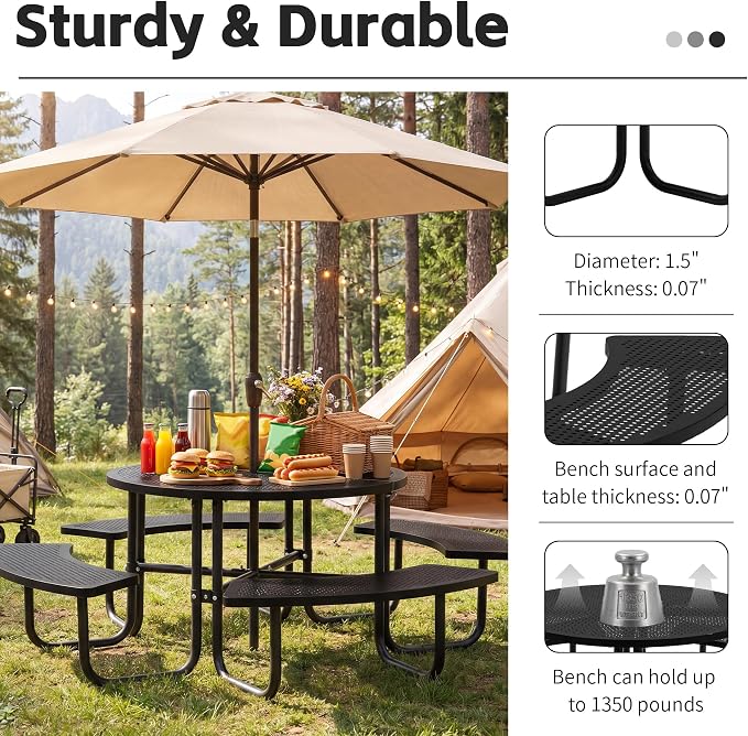 46" Outdoor Round Perforated Picnic Table Metal Camping Table with Umbrella Hole - Heavy Duty Steel Mesh Picnic Bench Set for Backyard Garden Deck, Black