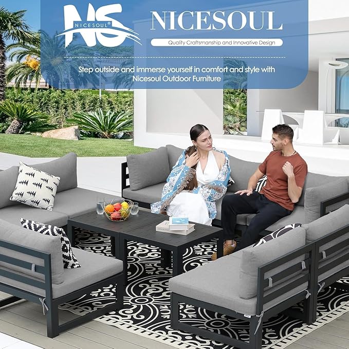 NICESOUL Large Luxury Aluminum Outdoor Sectional Sofa with Side Table, Weather Resistant Modular Patio Furniture Set for 10 People, 500 lbs Heavy Duty Conversation Couch for Poolside Lawn, Light Grey