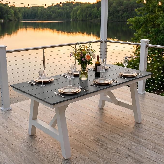Costaelm Outdoor Dining Tables for Patio, 72" Rectangle 6-Person HDPE Dining Table with Umbrella Hole and Metal Frame for Outside, Garden, Poolside, Backyard, Porch, Balcony, Gray