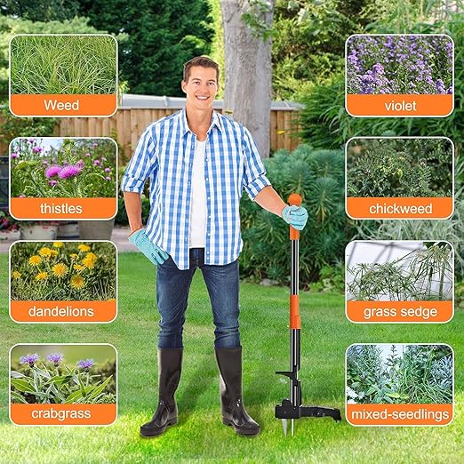 Weed Puller Tool Stand-Up - 40" Long Handle Weed Picker with Leaf Bag, 4 Claws Stainless Steel & Foldable Foot Board, Easy Weeding Removal, No Bending - S1