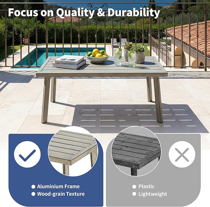 Outdoor Patio Coffee Table, Rectangle Aluminum All-Weather Side Table with Wood-Grain Texture, 200lbs Capacity, Modern Patio Furniture Sets for Garden, Backyard, Porch (Taupe)