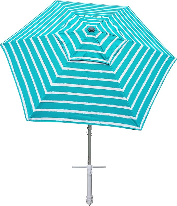 AMMSUN 8ft Large Beach Umbrellas for Sand Heavy Huty Wind Portable Commercial Grade Patio Beach Umbrella with Sand Anchor Adjustable Height Air Vent UPF 50+ Telescoping Pole without Tilt Teal White