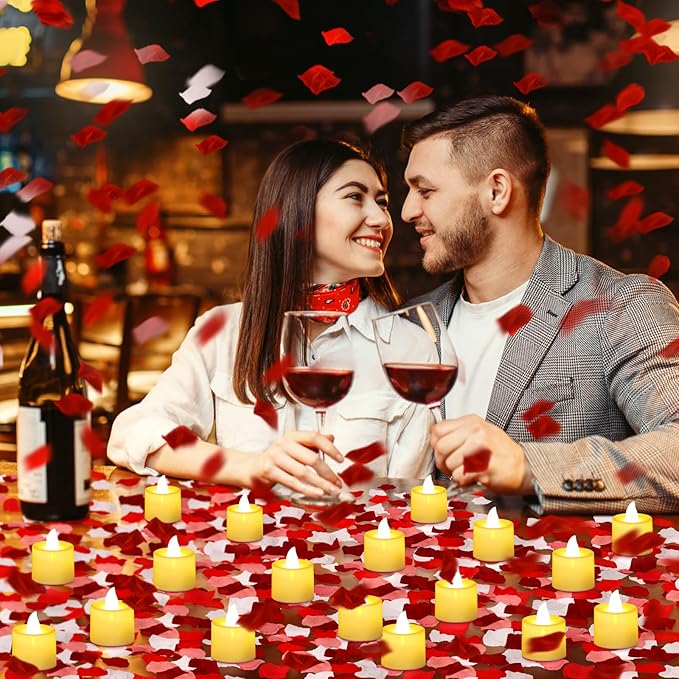 Coume 6000 Pcs Artificial Rose Petals with 72 Pcs Flameless LED Candles Romantic Decorations Fake Candles Anniversary Decorations for Valentine's Day Wedding Night(Warm White with Red Series Petal)