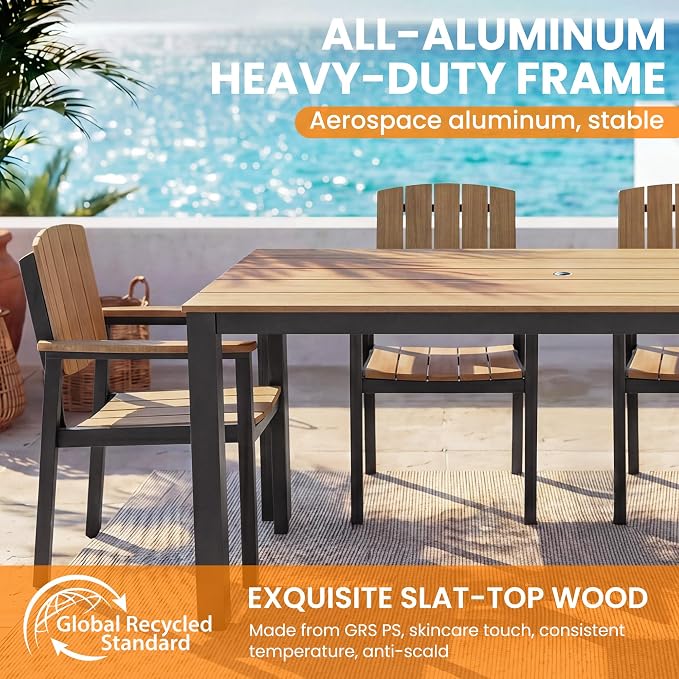 Outdoor Dining Chairs Set of 2, Aluminum Patio Dining Chairs with Armrest for Ergonomic Design, Aluminum Frame HDPS Faux Wood, All Weather Outdoor Furniture for Garden and Indoor Nature Wood