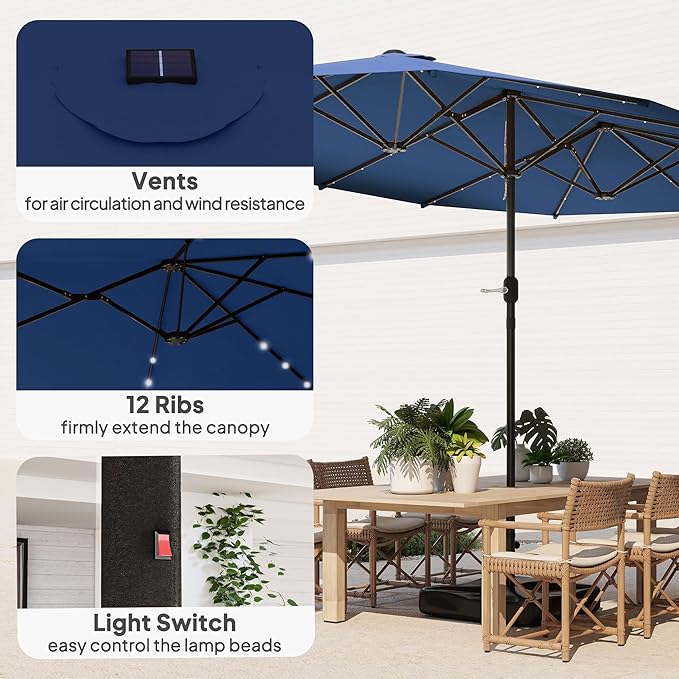 Outsunny 14.4ft Large Patio Umbrella with 36 Solar LED Lights, Double Sided Outdoor Umbrella with Base Included