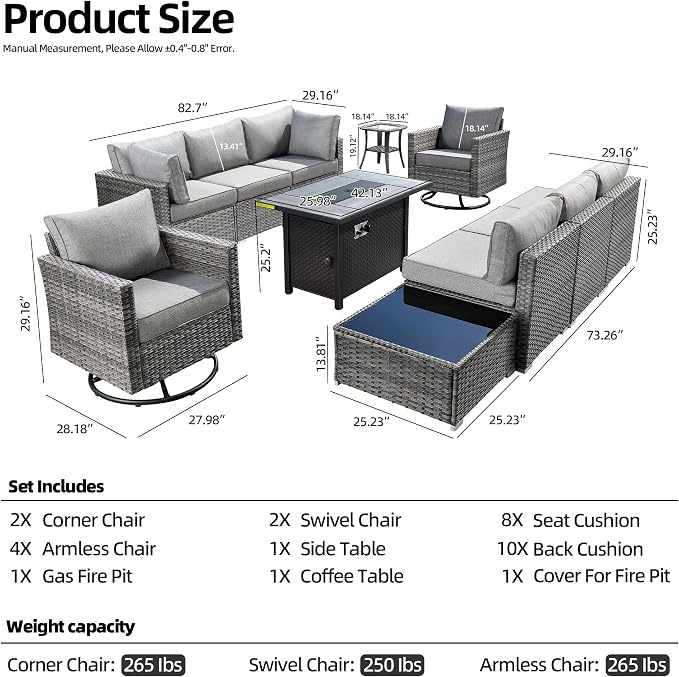 CAODOC 11 Piece Outdoor Patio Furniture Set with 42" Fire Pit Table, Wicker Sectional Conversation Set Whit Swivel Chairs,Modern Outside Sofa for Balcony Backyard(Dark Gray)
