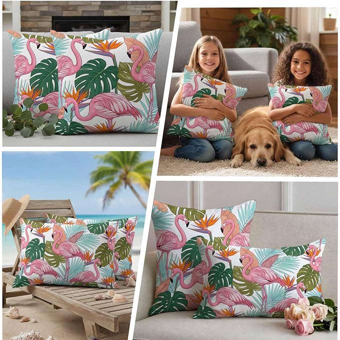 Pink Flamingos Outdoor Pillow Covers 26"x26" Set of 2, Watercolor Monstera Leaf Green Tropical Plant Waterproof Throw Pillow Covers for Patio Furniture, Decorative Cushion Covers for Porch