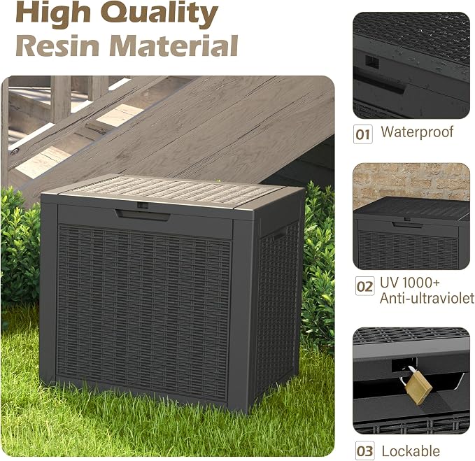 Outdoor Storage Box, 30 Gallon Deck Box with Lockable Lid, Waterproof Resin Storage Bin for Patio Furniture, Garden Tools, Cushions, Black