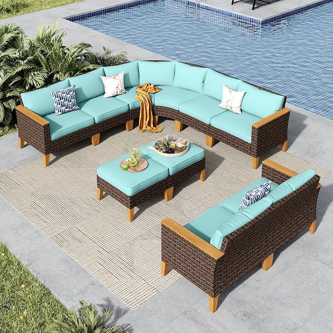 MFSTUDIO 10 Pieces Wicker Patio Furniture Set, All-Weather Rattan Half-Moon Curved Outdoor Sectional Sofas, 2 x Curved Sofa, 2 x Armless Chair, 2 x Ottoman, 4 x Corner Sofa(Aqua Blue Cushions)