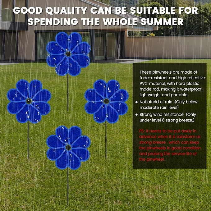 4PCS 11.4" W x 28" H Reflective Pinwheels Sparkly Lawn Wind Spinners Colorful Rainbow Windmill for Garden Decoration Bird Devices Deterrent to Scare Birds Away（Blue）