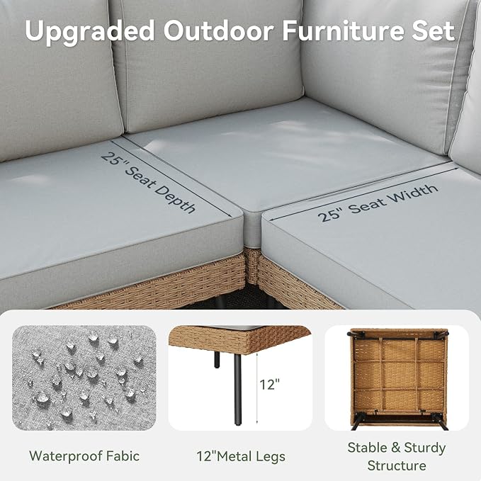 Aoxun 6 Piece Patio Furniture Set, 6 Seats Outdoor Sectional Sofas with Thick Cushion, Wicker Outdoor Patio Furniture Set with Ottomans for Party, Garden, Backyard, Grey