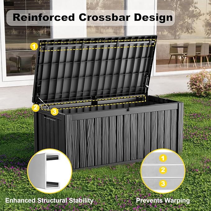 150 Gallon Large Outdoor Storage Box Waterproof, UV Resistant Resin Deck Box with Hydraulic Rod & Lockable Latch for Patio Furniture, Outside Storage Box for Garden Tools, Patio Cushions, Black