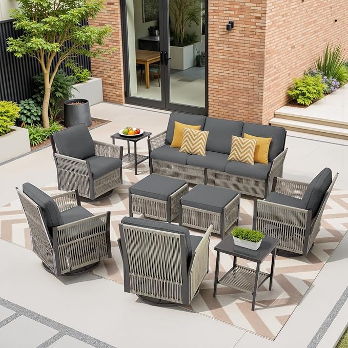 9 Piece Wicker Outdoor Furniture Set, Outdoor Swivel Rocker Chairs Set of 4 with Glass Side Tables Set of 2 and Rattan Sofa, Patio Conversation Set for Deck Backyard Poolside (Grey)
