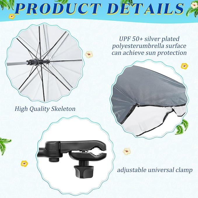 Buryeah 2 Pcs Beach Chair Umbrella Automatic with Universal Adjustable Clamp 44" UPF 50+ Portable Clamp on Beach Chair for Wheelchair Patio Golf Carts Camping