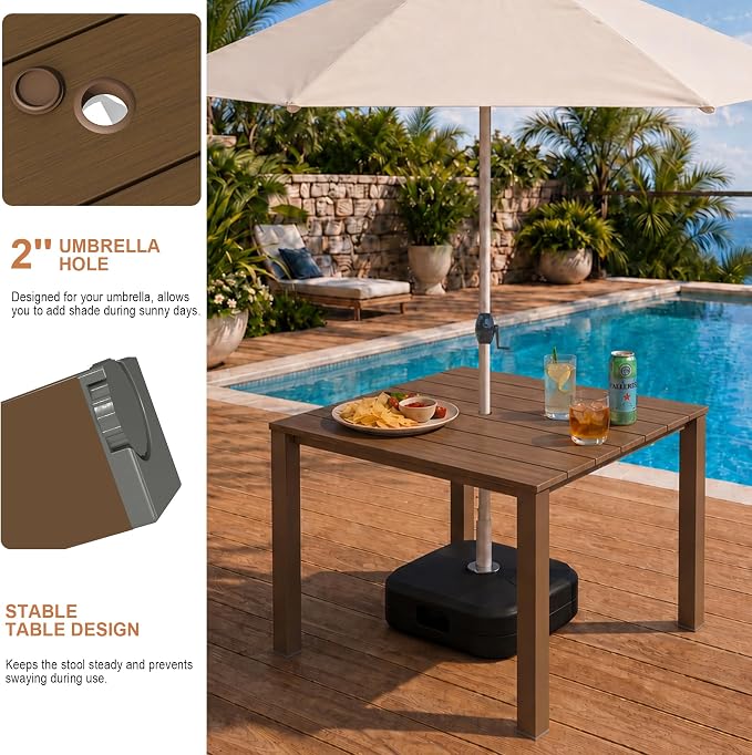 Domi HDPE Outdoor Dining Set, All-Weather Outdoor Dining Table Set of 3 with 2" Umbrella Hole, Outdoor Patio Dining Set for Garden, Poolside, Backyard, Deck, Brown