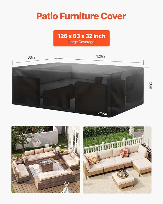 VEVOR Patio Furniture Cover, 420D Heavy Duty Waterproof Outdoor Dining Table and Chairs Cover, Large Rectangular Patio Table Covers with Air Vent for All Weather, 126L x 63W x 28H inch, Black