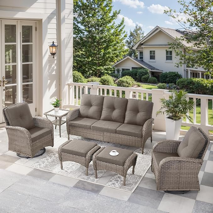 6 Pieces Outdoor Furniture-Patio Swivel Rocker Chairs Set of 2 3-Seater Wicker Couch with Outdoor Ottoman Outdoor Patio Furniture Set for Deck Porch Garden Balcony Poolside-Grey/Grey